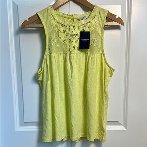 Lucky Brand  Sleeveless Tank Top sz M Embellished Relaxed Fit Lace Mesh Yellow